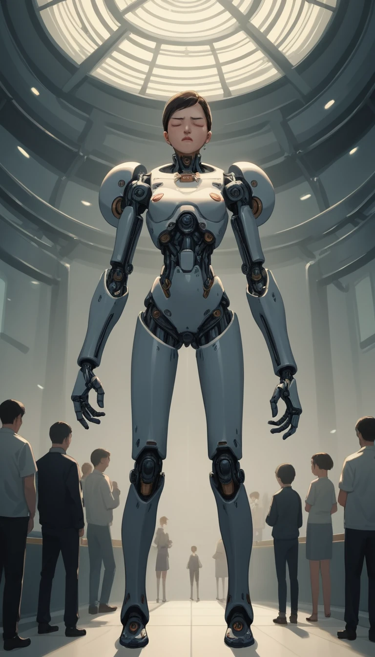 Mulher de anime com corpo cibernético em um laboratório lotado