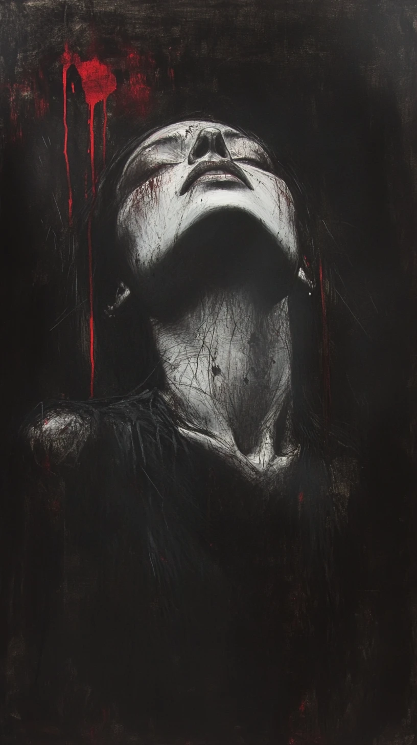 Dipinto a impasto di una donna oscura tra ombre compresse