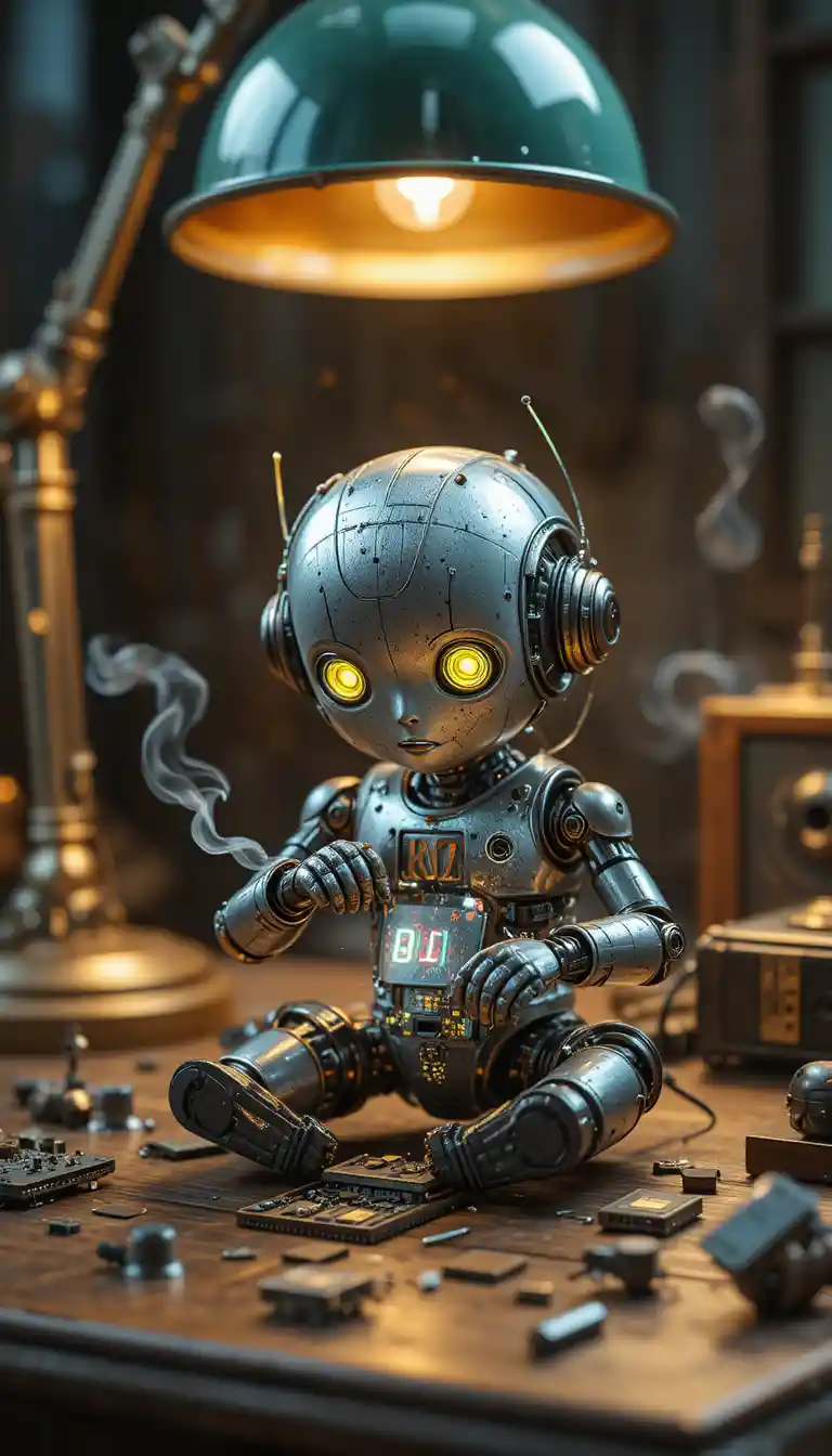 Minuscule robot réparant une puce sous une lampe de bureau verte