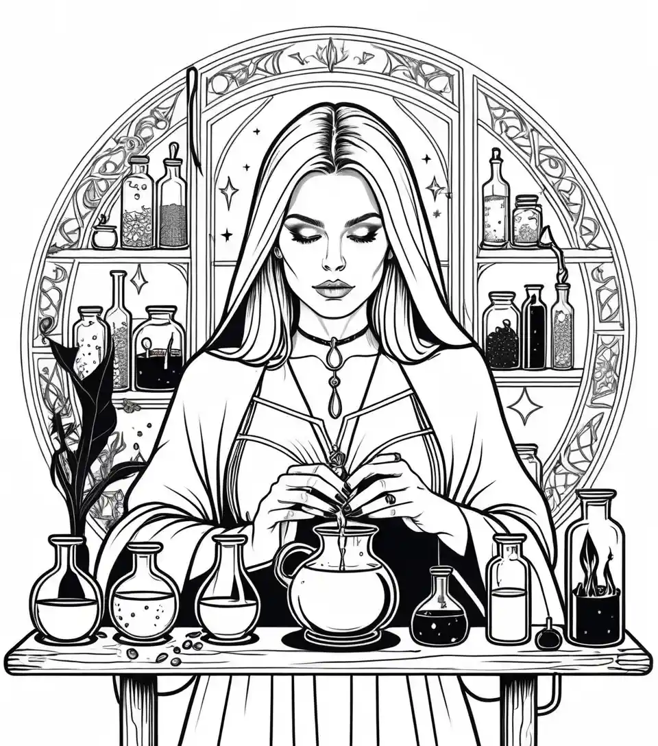 Blonde witch crafting potions in a colorful medieval magic shop
