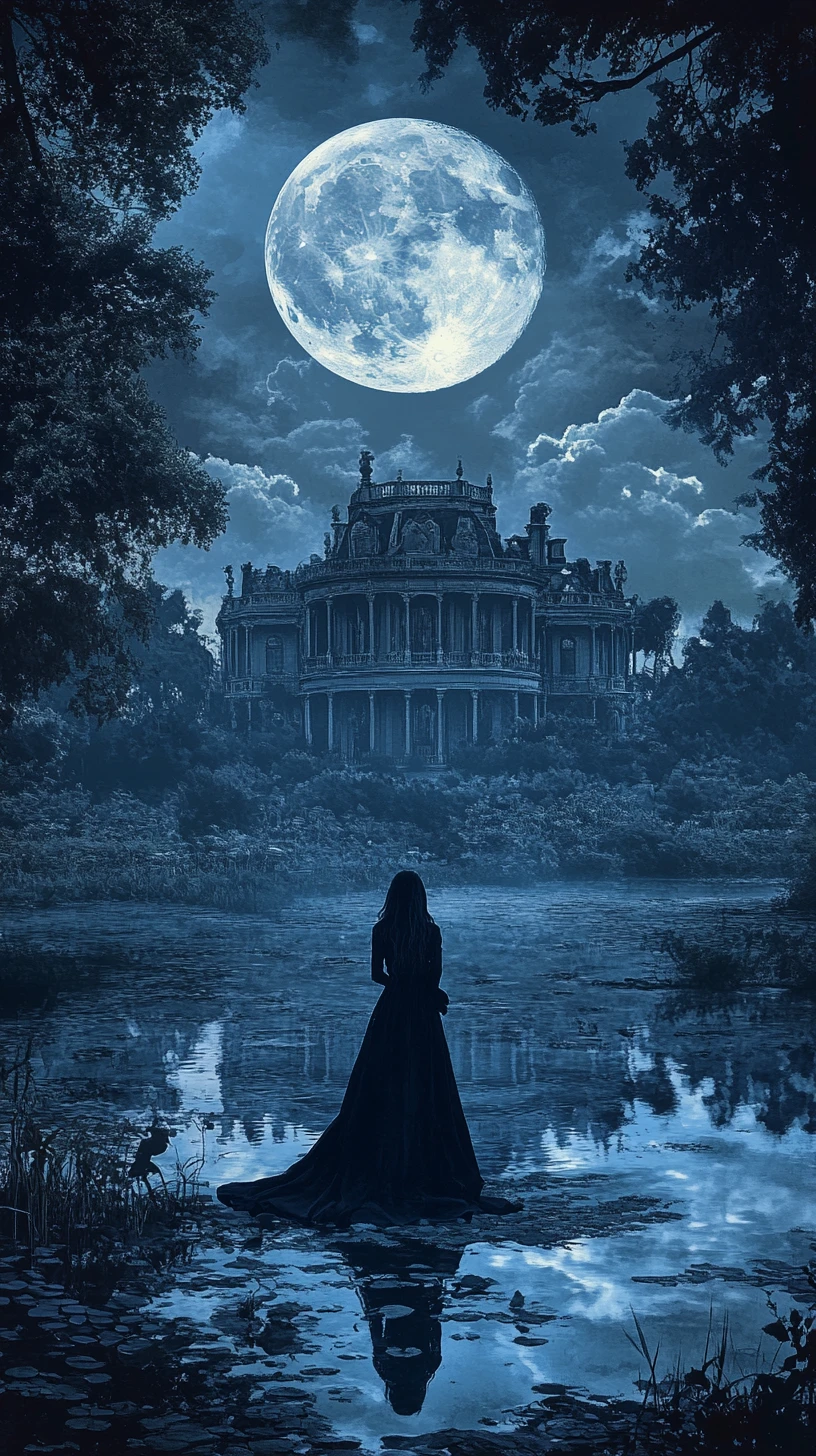 Silhouette By A Moonlit Pond Beside A Victorian Mansion