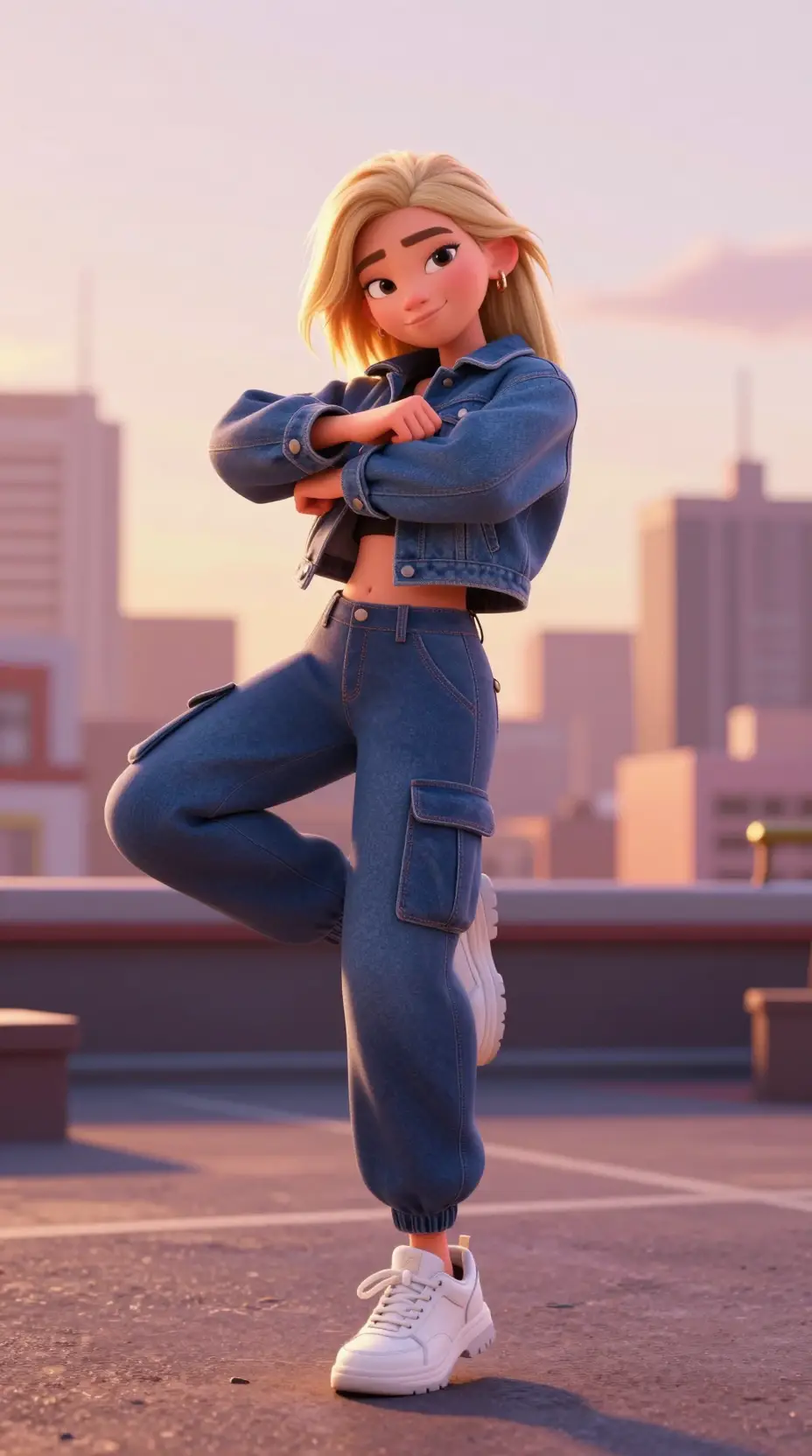 Ragazza bionda che balla su un rooftop urbano all'ora dorata