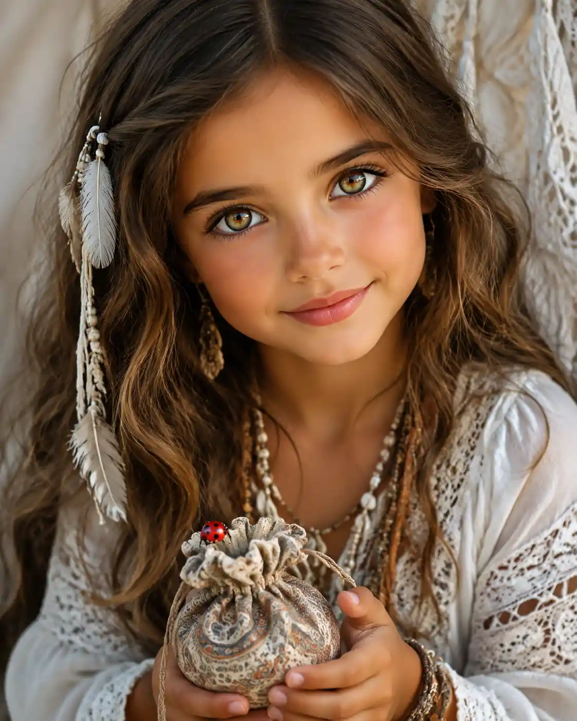 Ritratto fiabesco in primo piano di una giovane ragazza in bianco