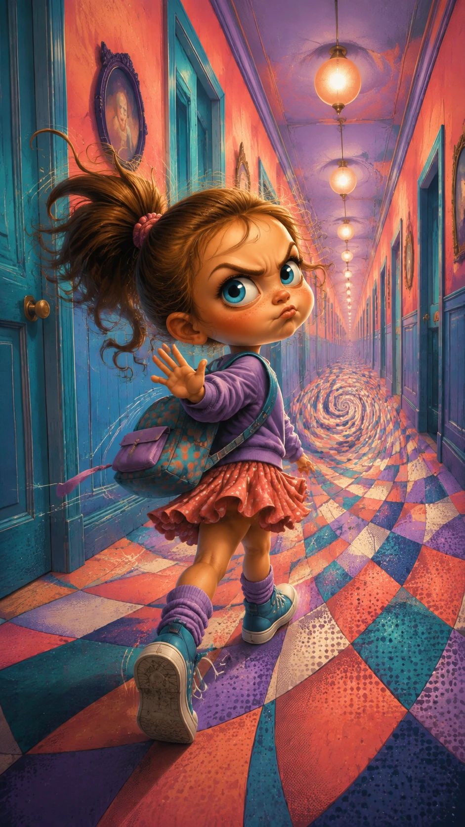 Piccola bambina drammatica che cammina in un corridoio surreale