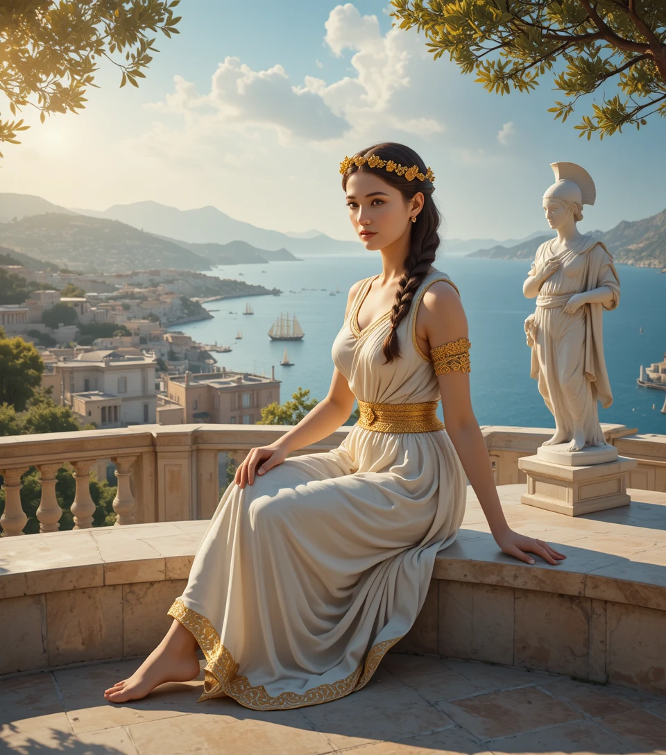 Elegante mujer griega en terraza de mármol al atardecer dorado