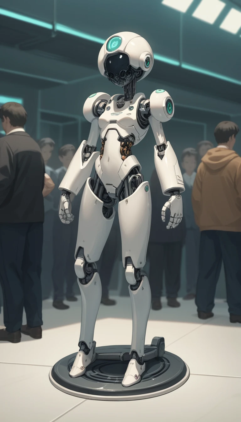 Anime woman with mechanical body in crowded laboratory