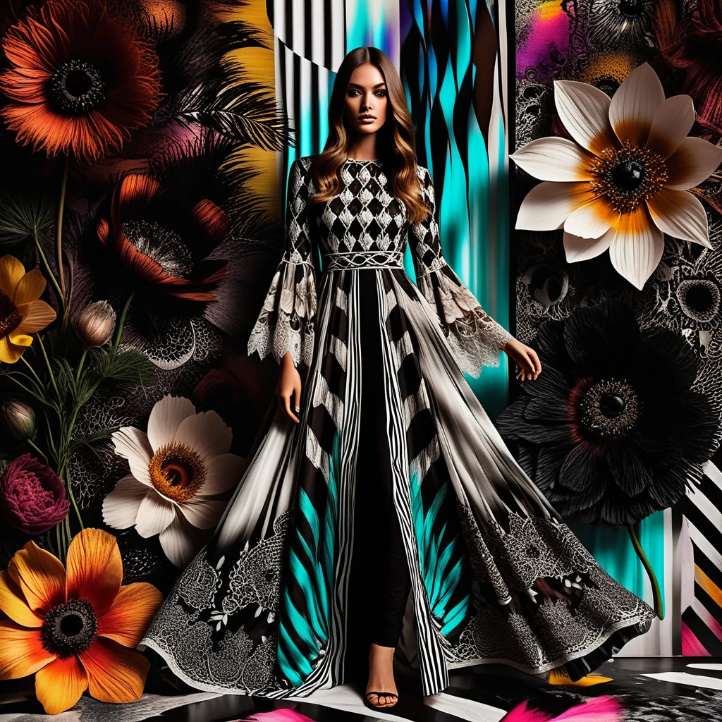 Mujer bohemia con vestido de encaje marfil frente a collage floral al fresco