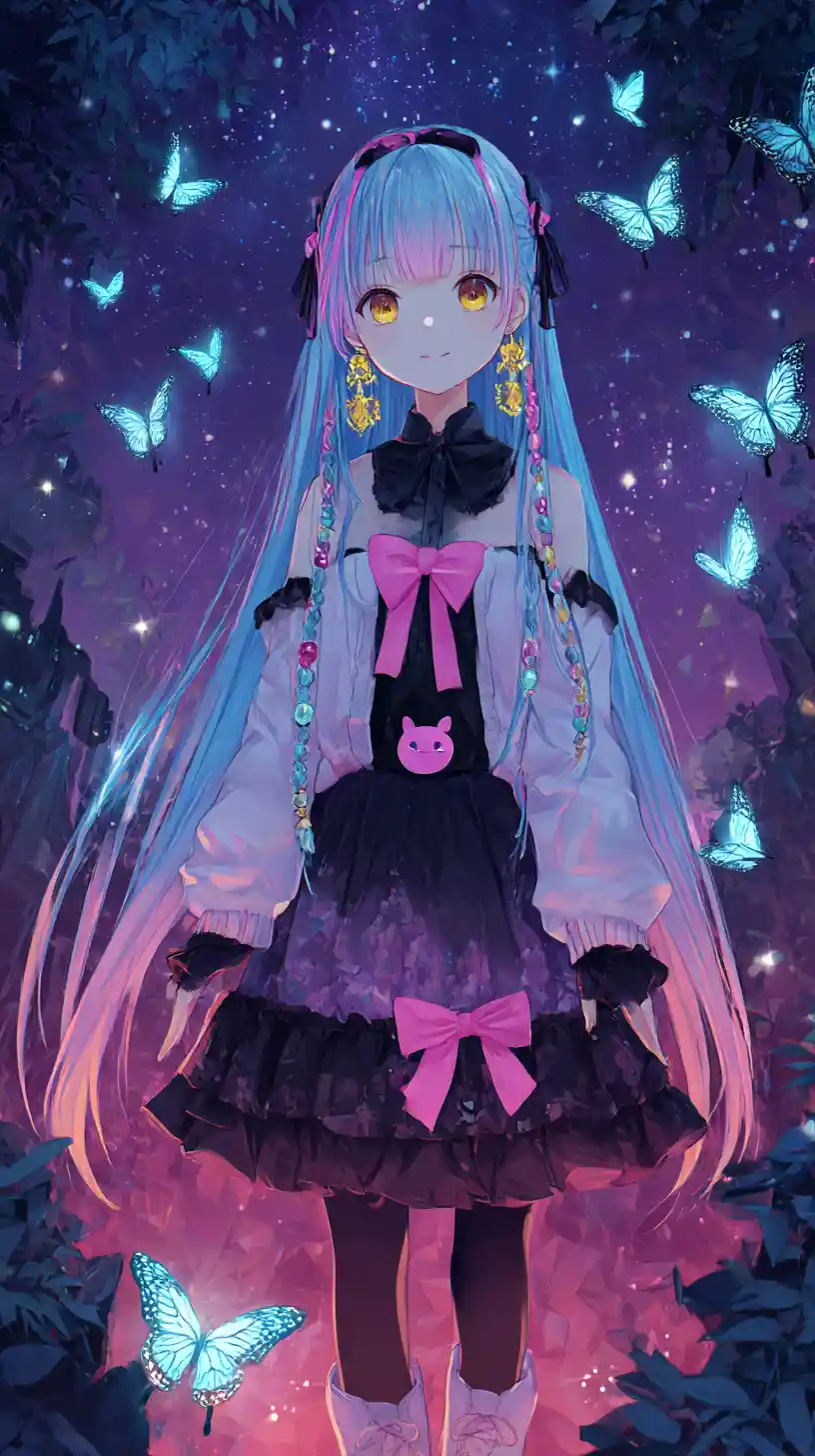 Ragazza anime in un tempio giapponese sotto i fuochi d'artificio notturni