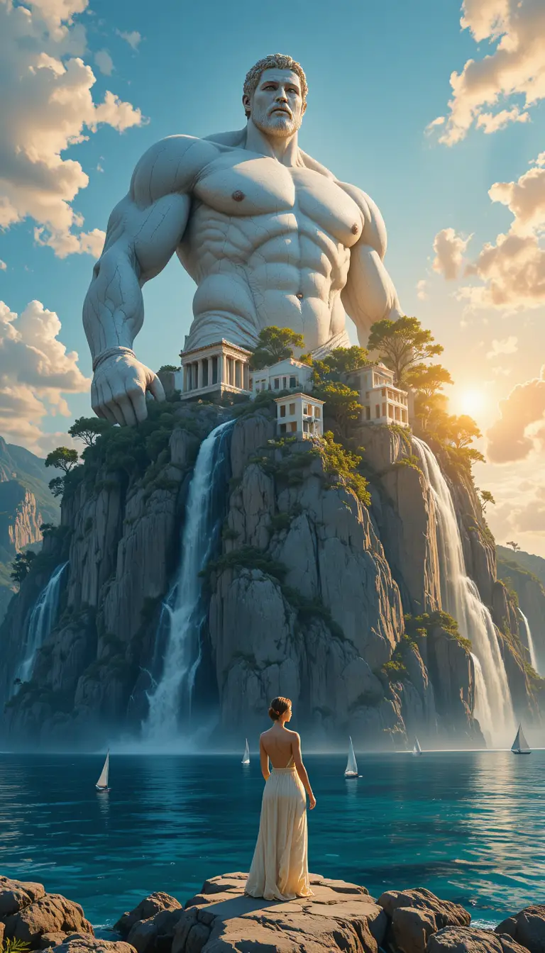 Colossal atlas titan bearing a Greek island at sunset
