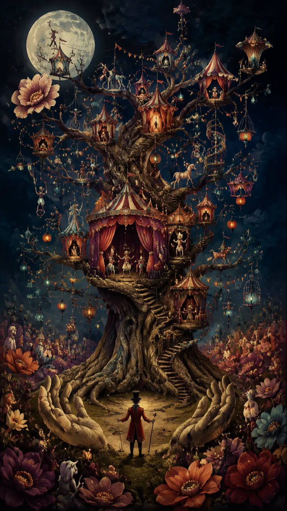 Antiguo árbol a la luz de la luna convertido en un diminuto circo surrealista