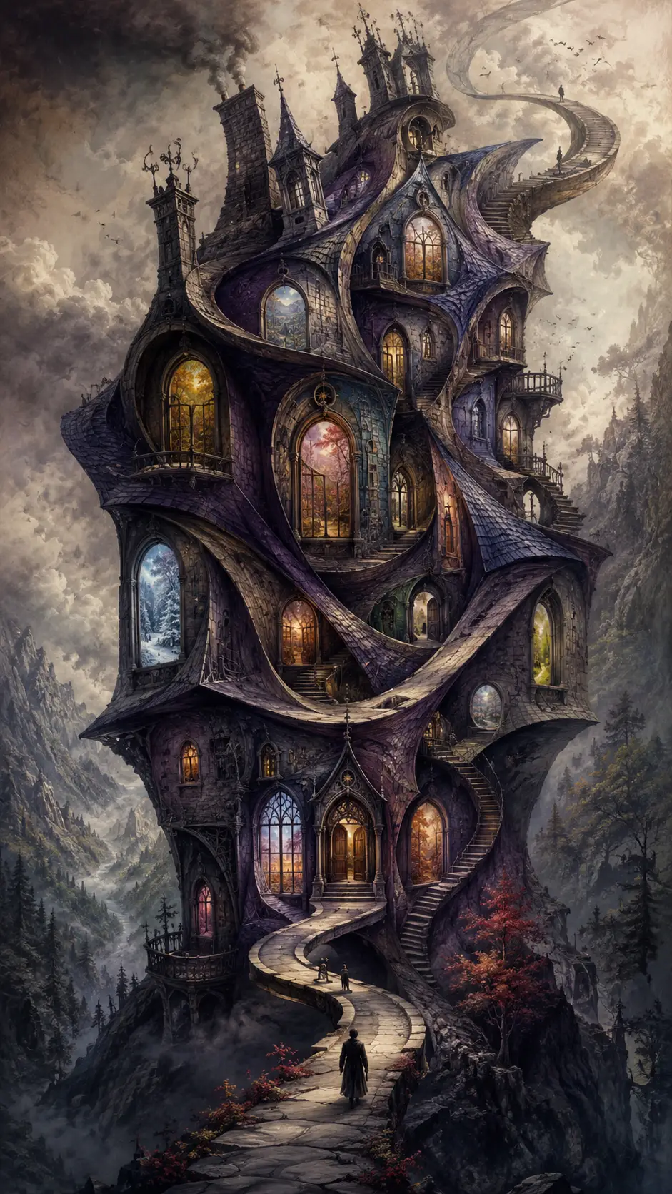 Surreal Gothic Mansion Folding Within A Misty Valley