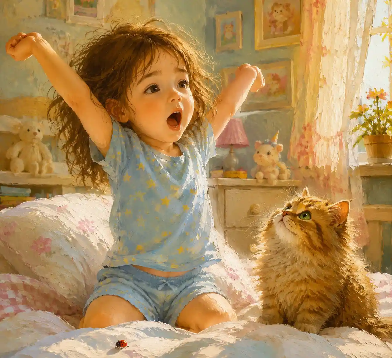 Bambina assonnata che si stiracchia nel suo letto accogliente
