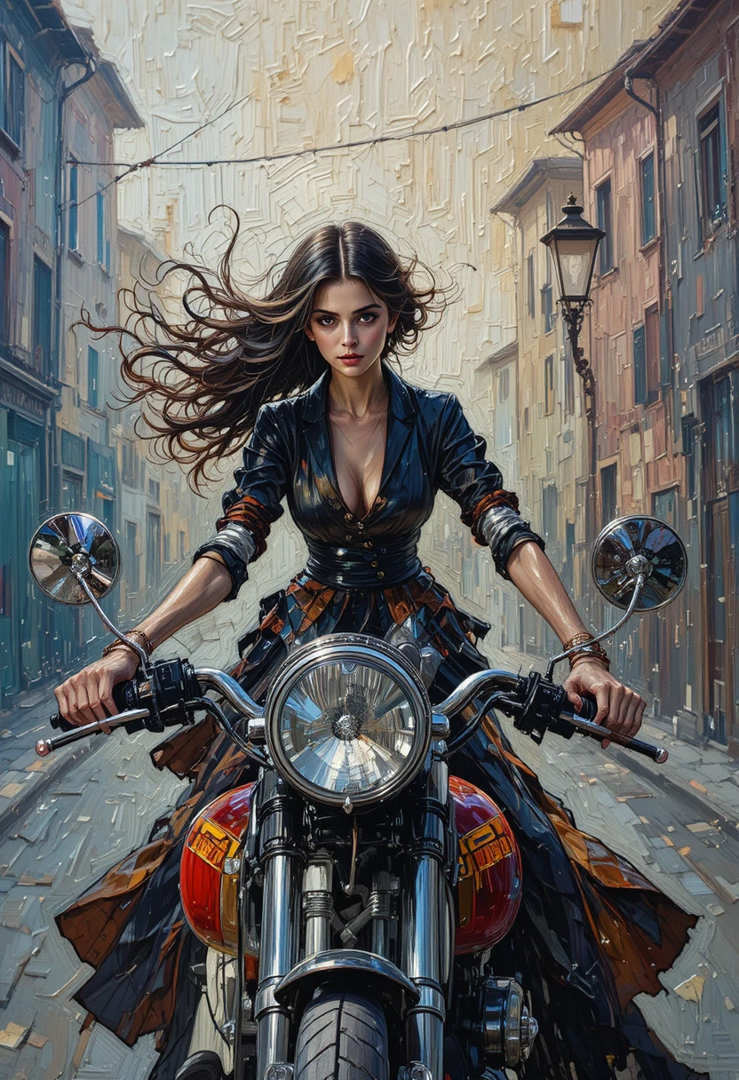 Donna alla moda e malinconica in moto per una strada italiana
