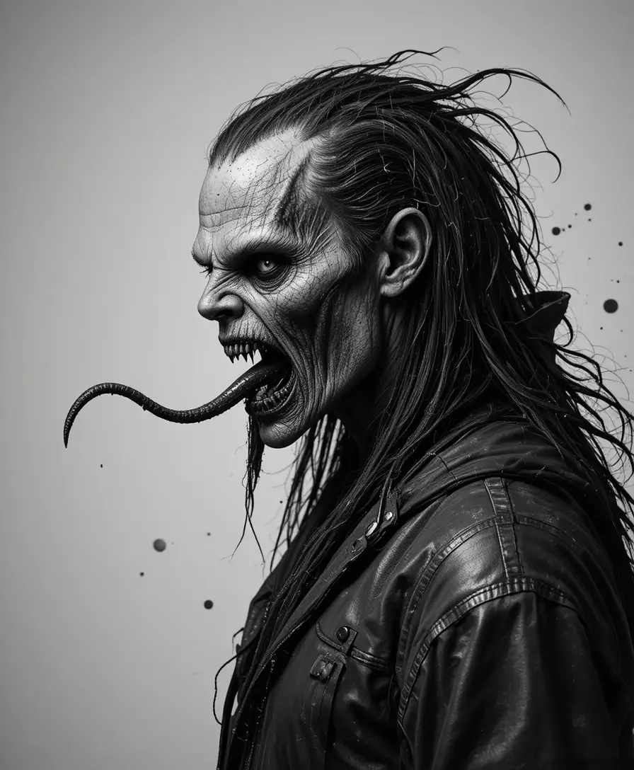 Ritratto di profilo in bianco e nero di un mostro vampirico urlante