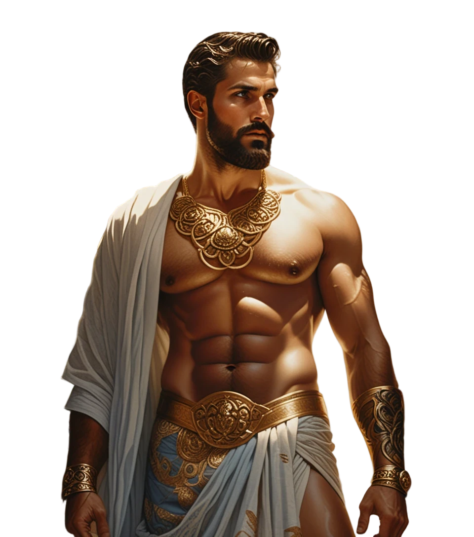 Seductive bearded man in a golden toga at twilight
