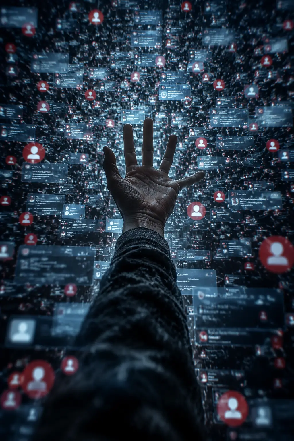 Main se tendant à travers des notifications numériques chaotiques et des icônes rouges