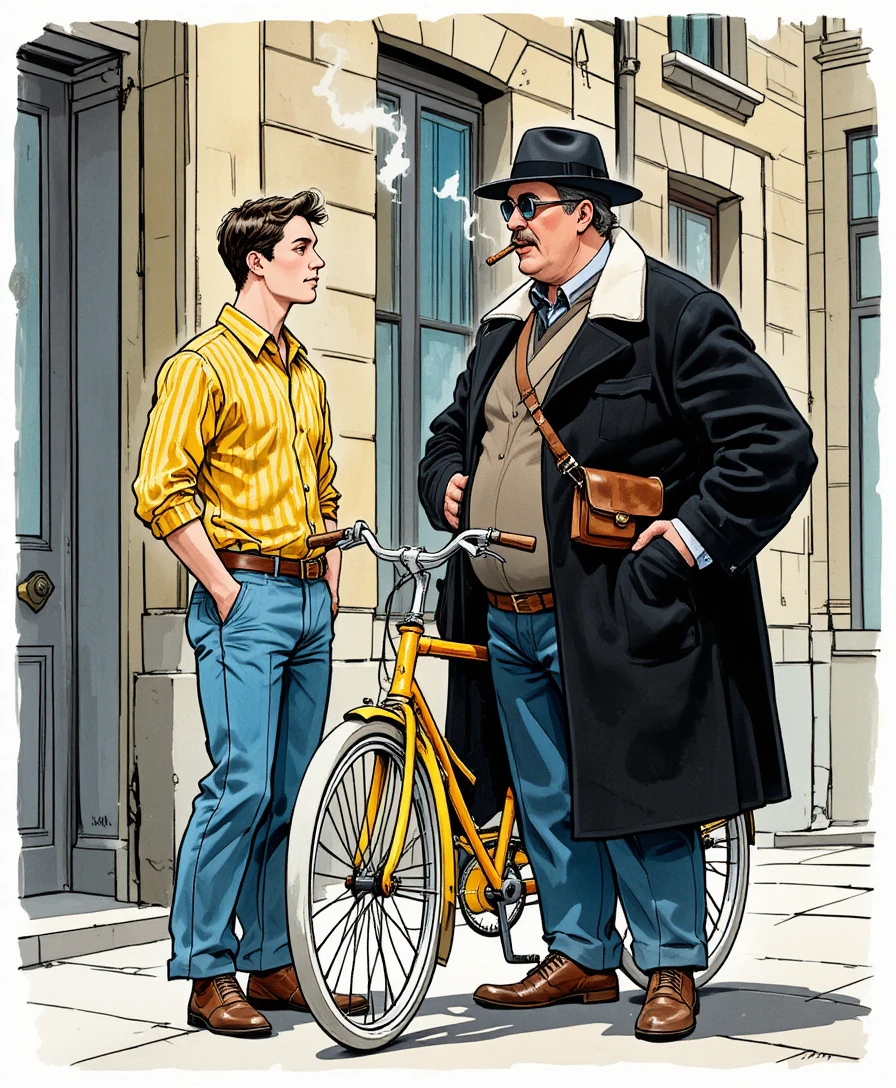 Retro comic scene of two men talking by yellow bicycle