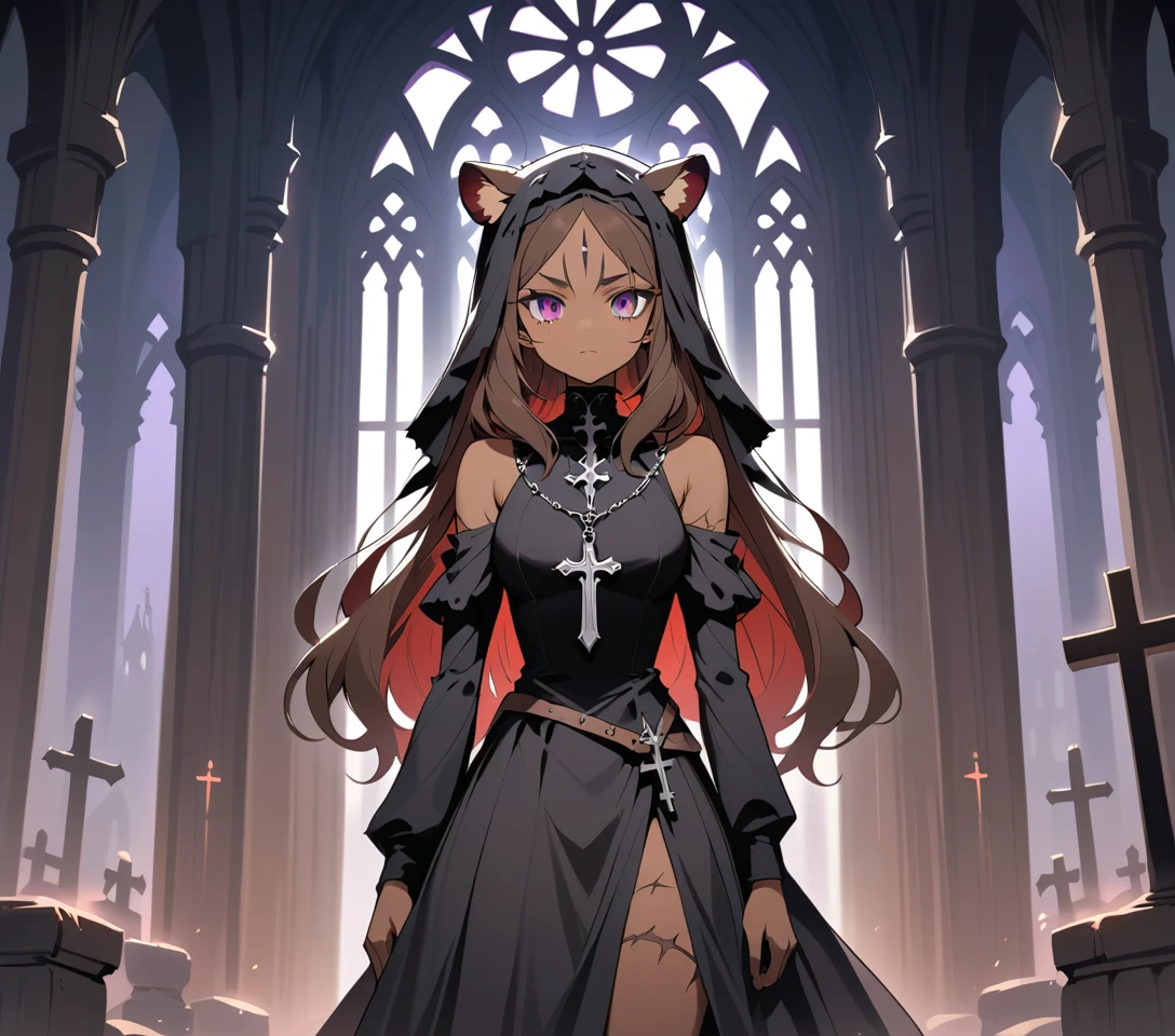 Scarred tiger maiden in veil inside gothic church