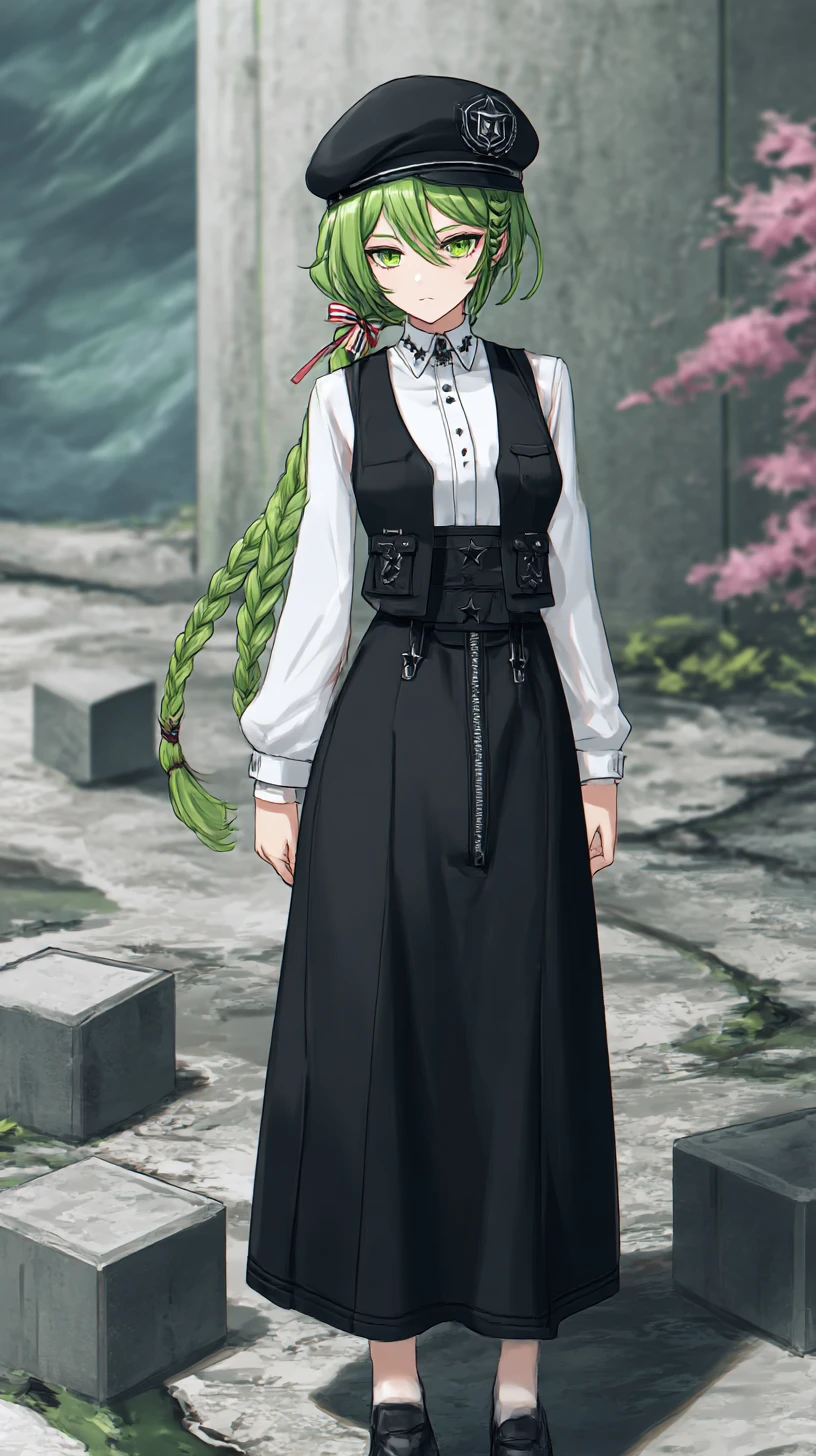 Chica de anime de pelo verde con uniforme decorado con estrellas
