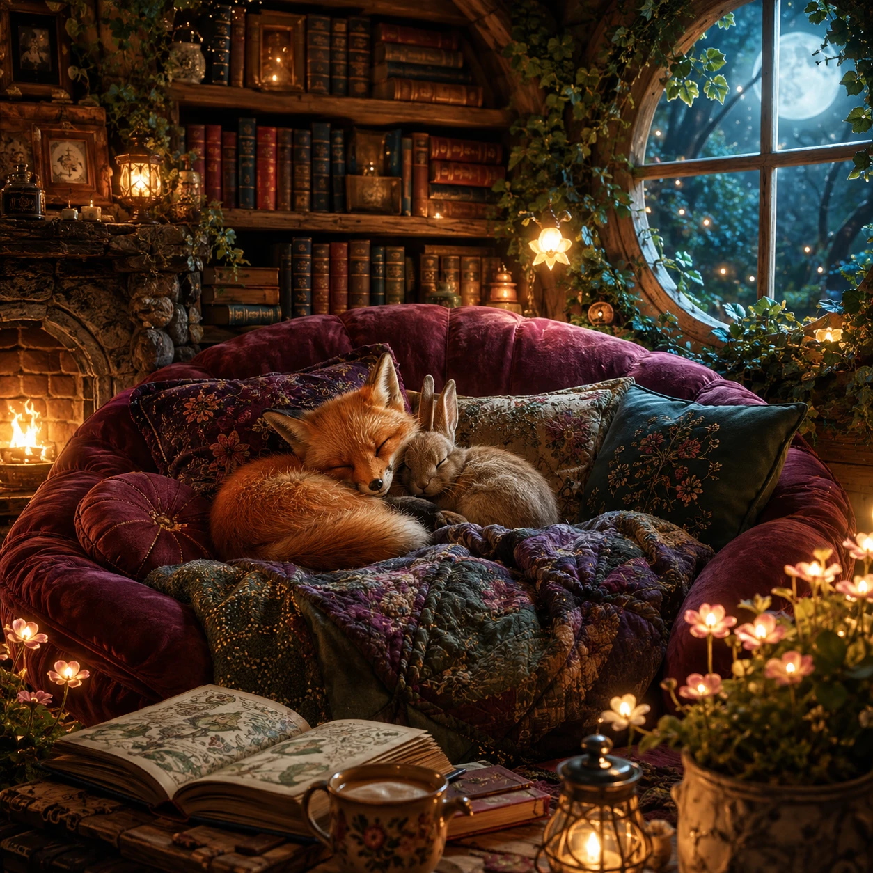 Schläfrige Waldtiere ruhen auf einem gemütlichen Cottage-Sofa