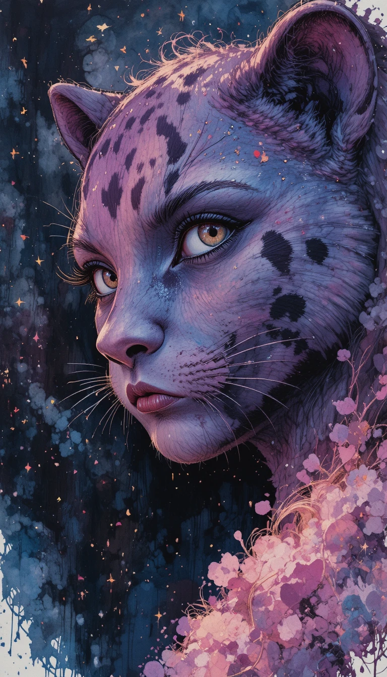 Ragazza gatto fantasy ad acquerello sotto un cielo stellato romantico