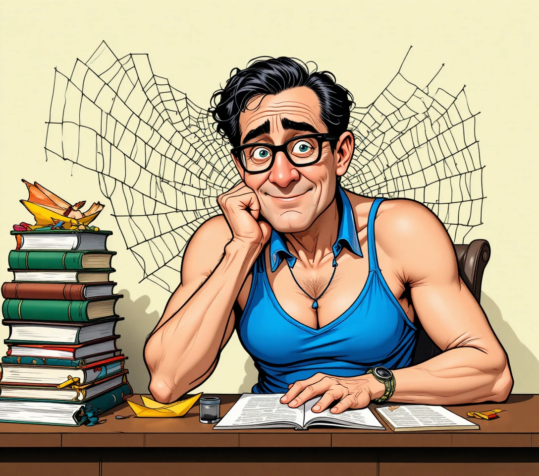 Elderly man tangled in spiderweb at cluttered office desk