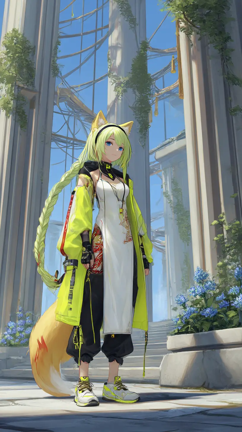 Futuristic anime girl in neon jacket and metal accessories