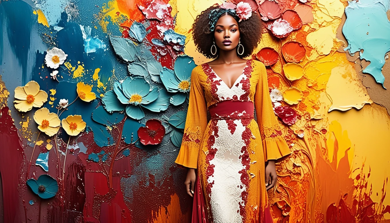 Donna di moda boho accanto a parete affrescata floreale astratta
