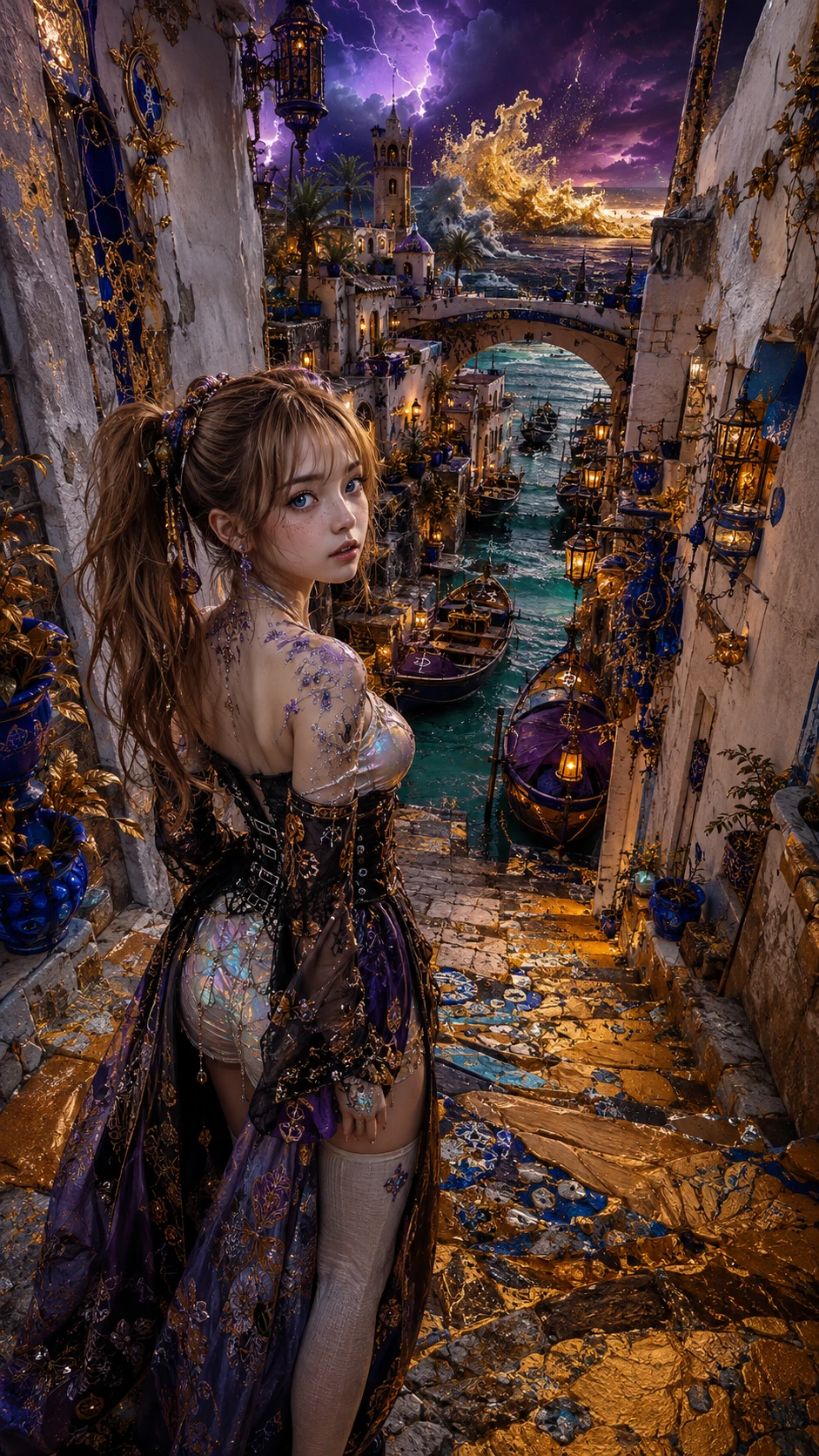 超現實地中海小巷中的驚訝動漫少女