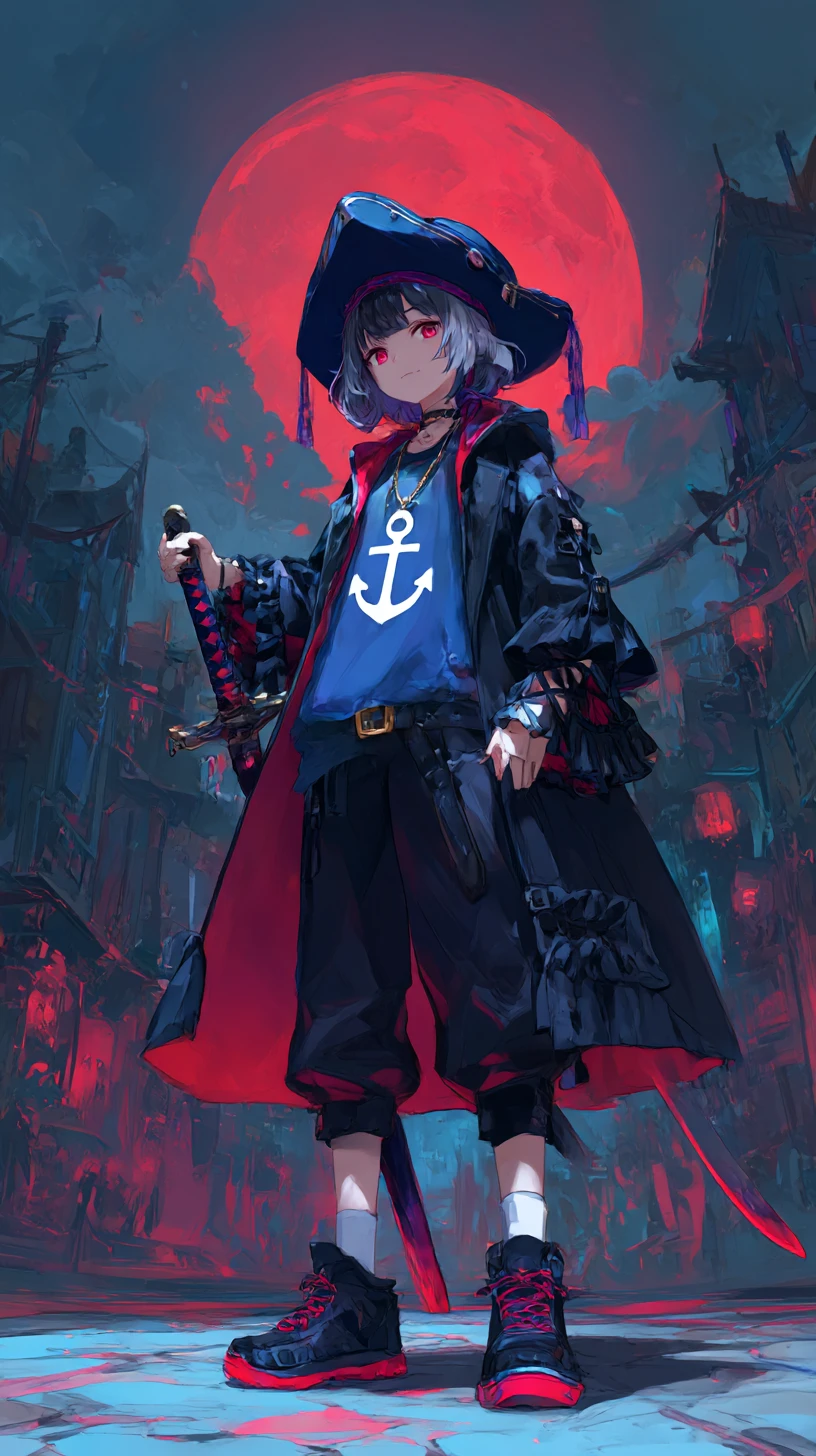 Anime girl warrior with sword on a carnival street