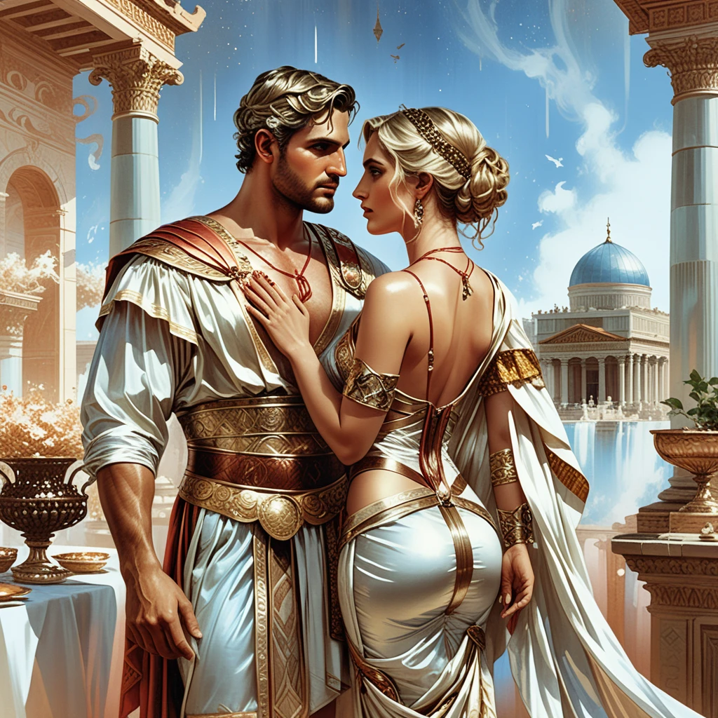 Pareja real antigua en un banquete decadente en un patio romano