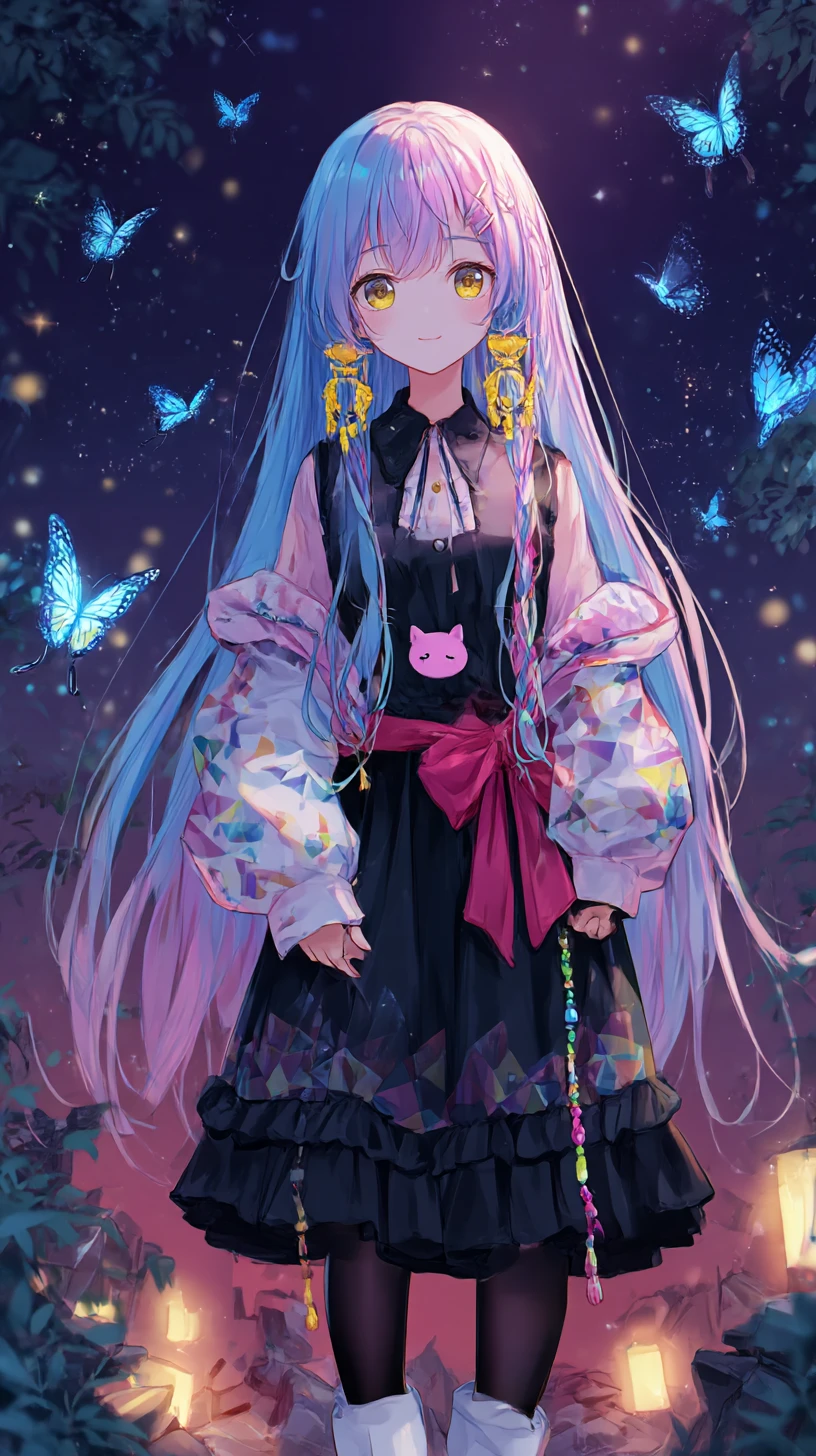 Garota de anime em templo japonês com fogos de artifício à noite