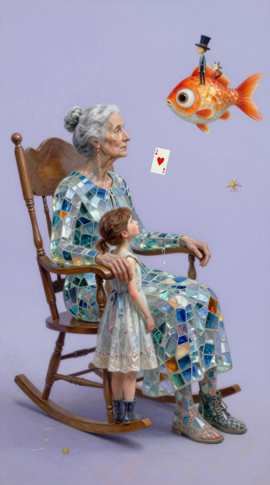 Surreal glass woman in quiet lavender reflection