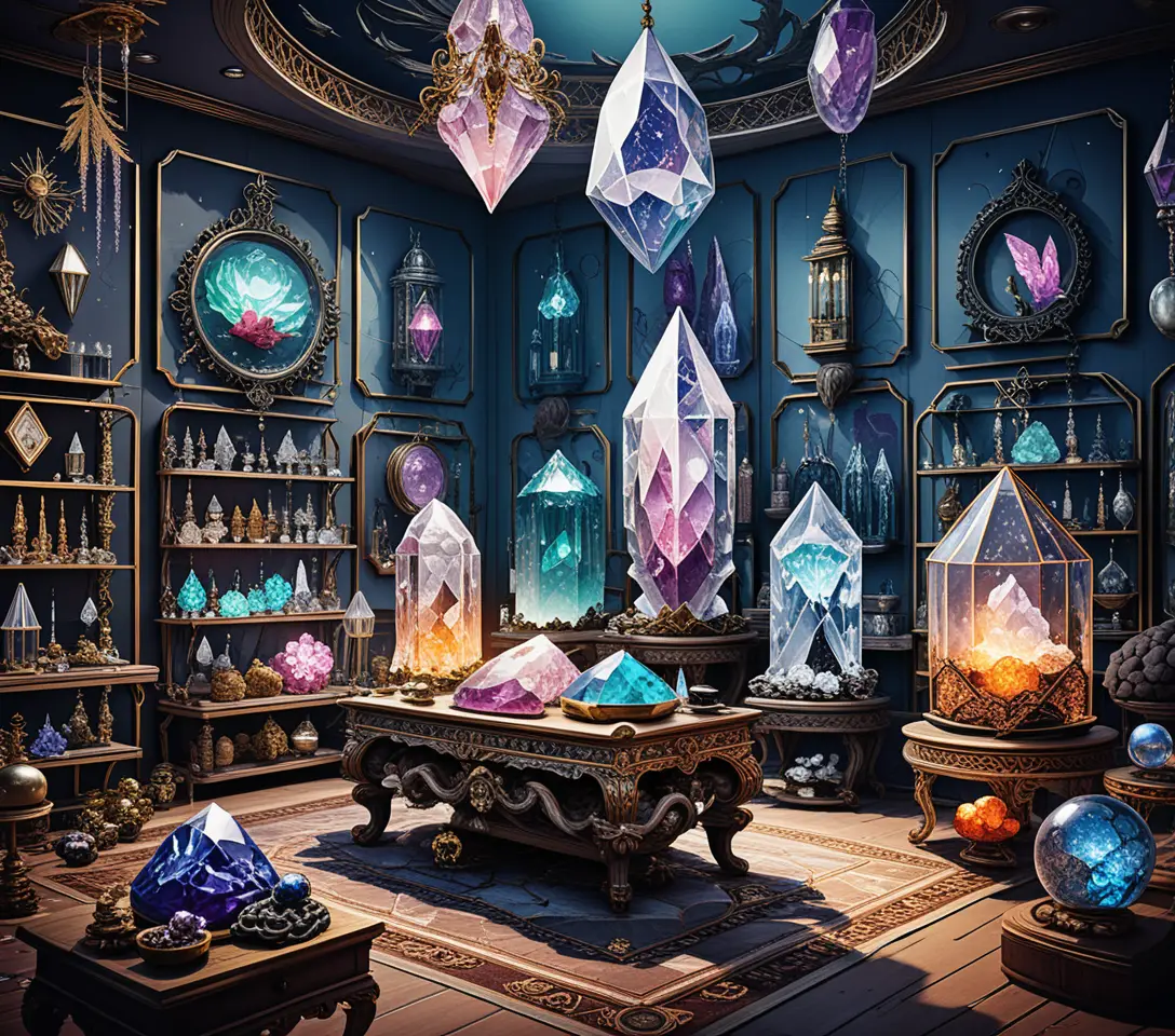 Mystische Kristallgalerie mit okkult inspirierter Digital Art