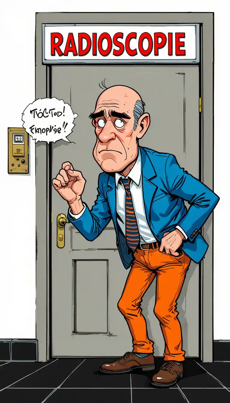 Hombre ansioso llamando a la puerta de radioscopia en estilo cómic