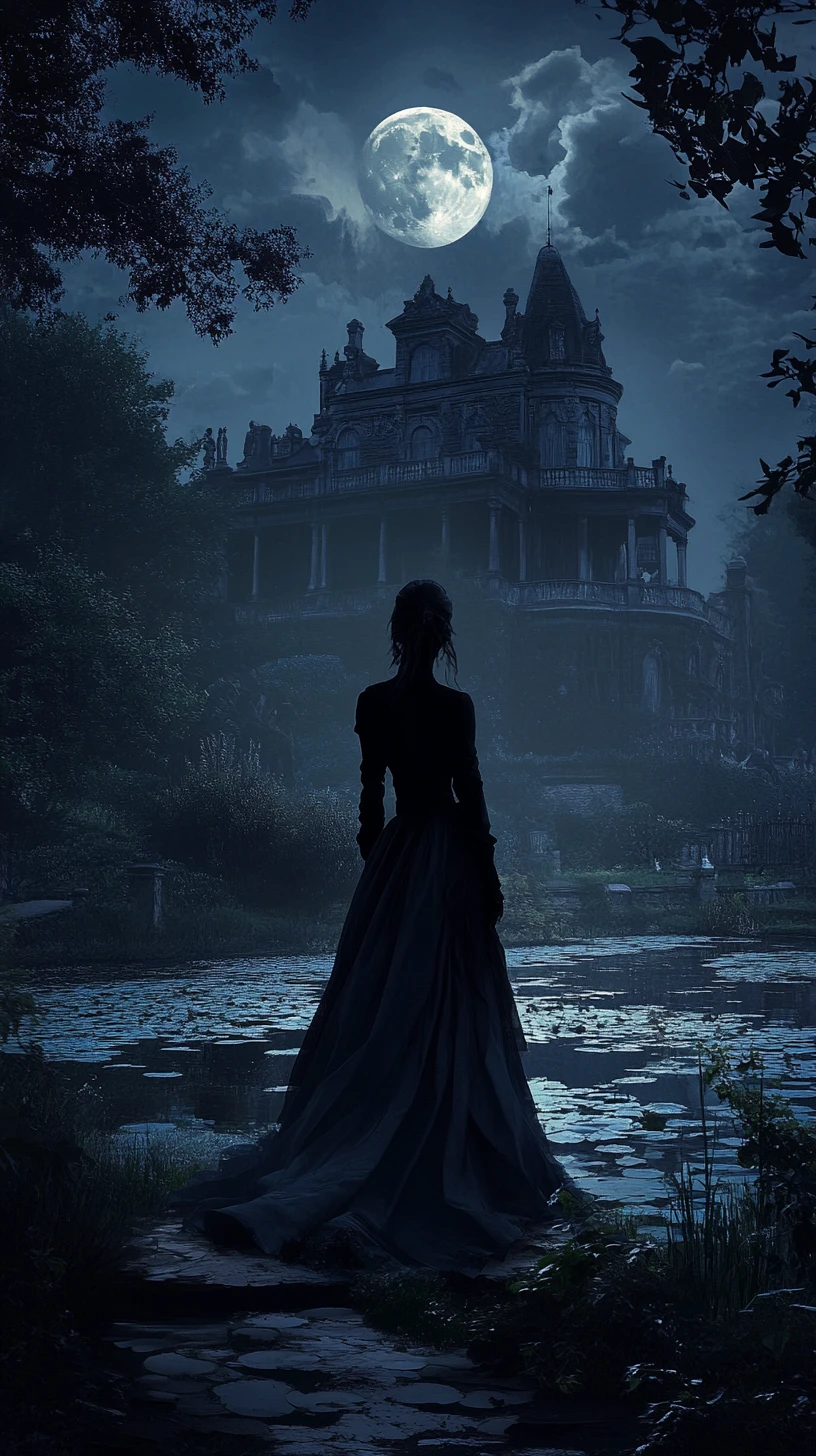 Lonely silhouette by a moonlit pond and old mansion garden