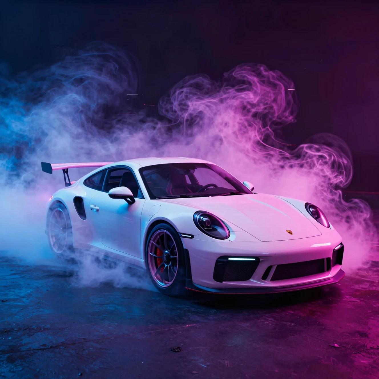 Auto sportiva al neon in vapore vorticoso vista dal basso