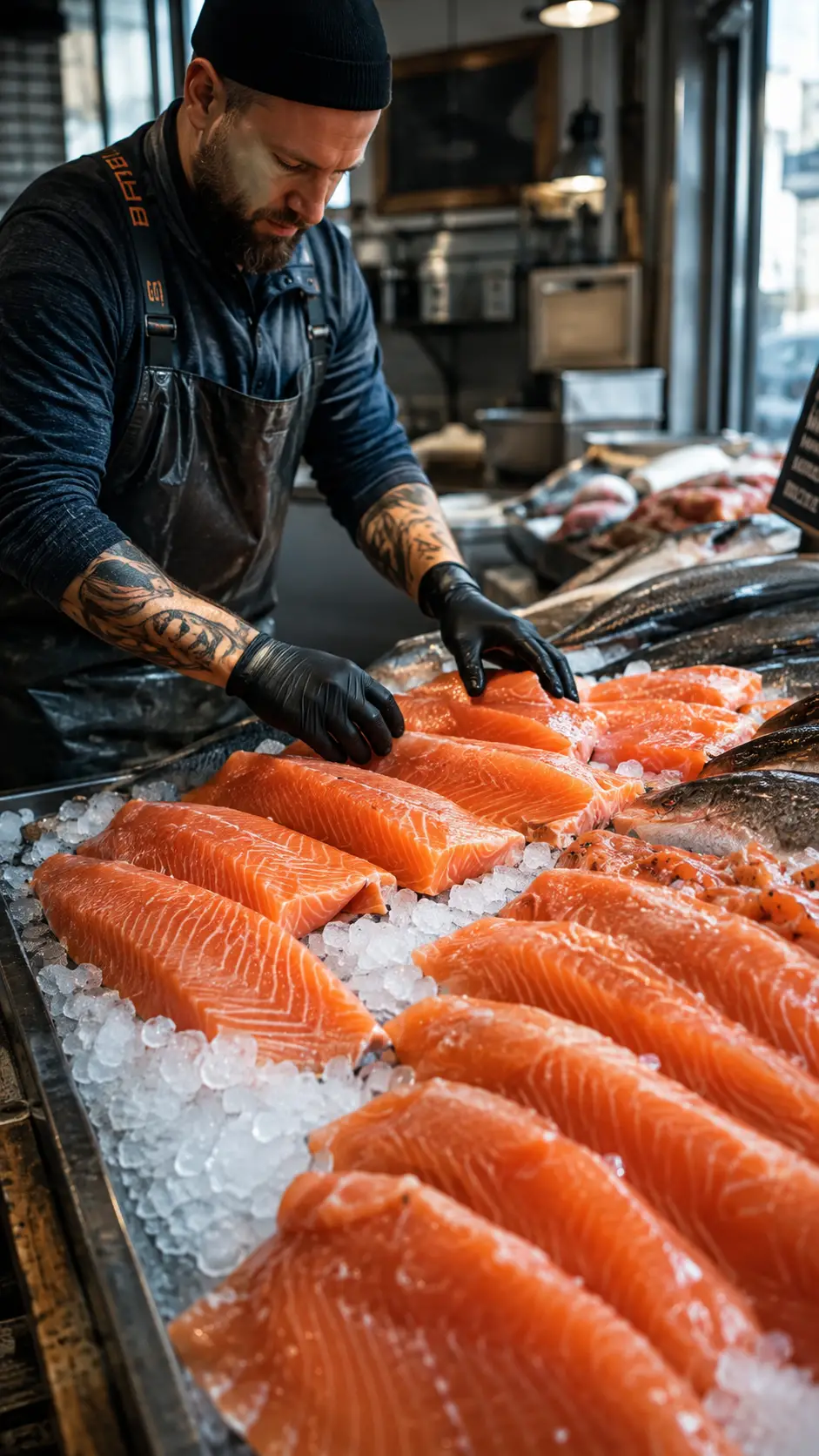Pescivendolo che dispone filetti di salmone fresco sul ghiaccio tritato