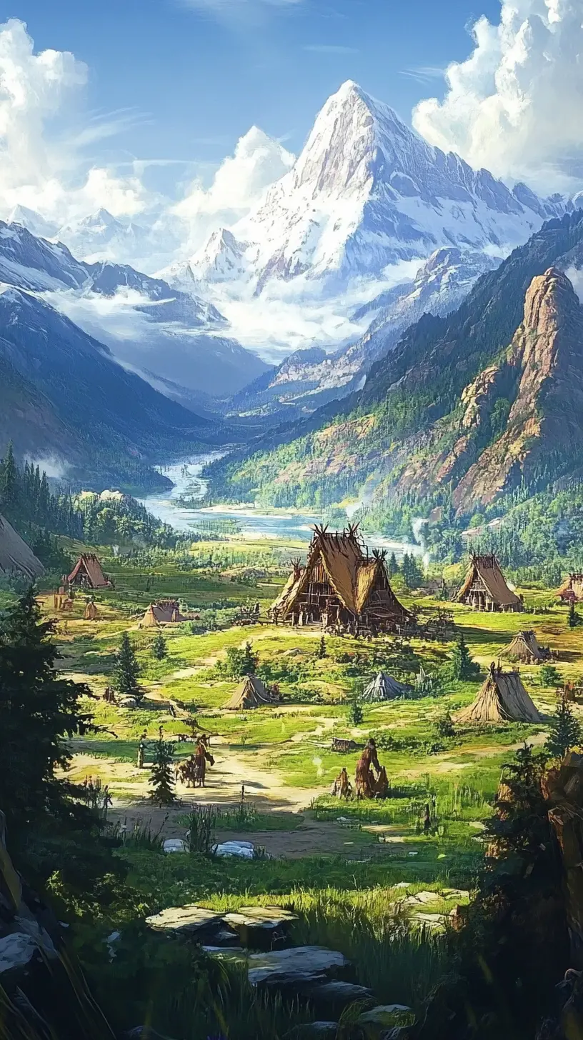 Villaggio e fortezza fantasy tra colline verdi davanti a cime innevate
