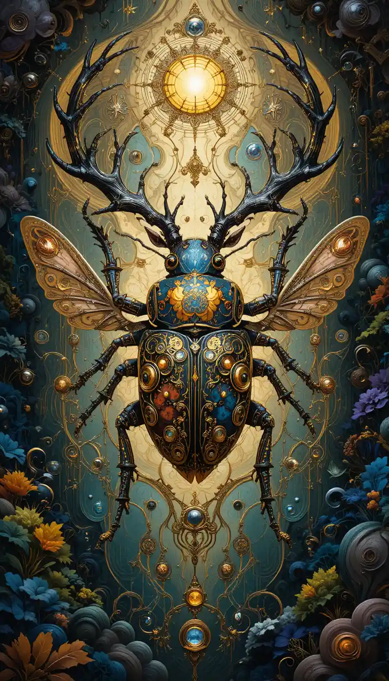 Mechanical stag beetle in ornate steampunk fantasy style
