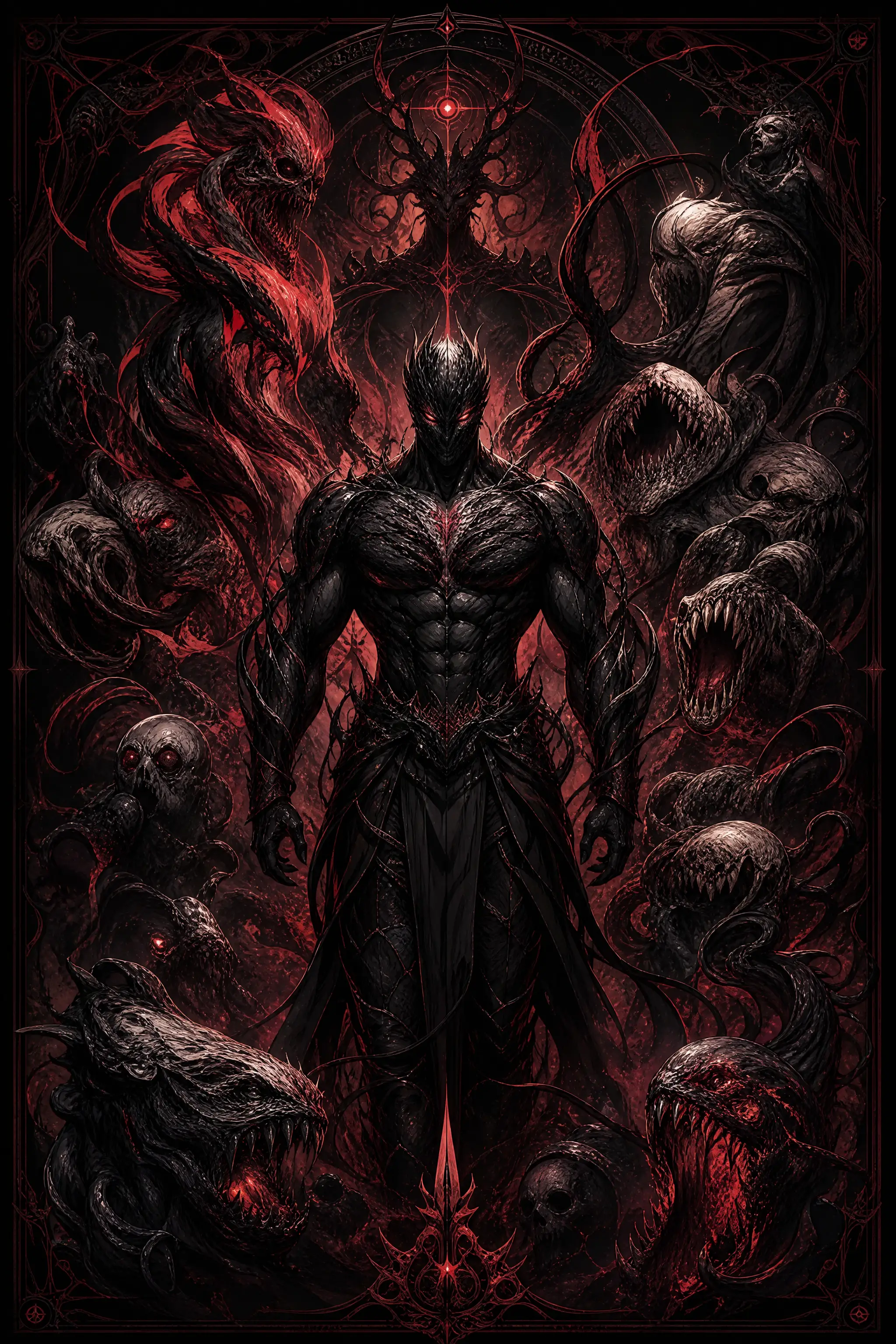 Rey humanoide de obsidiana rodeado de criaturas de horror eldritch