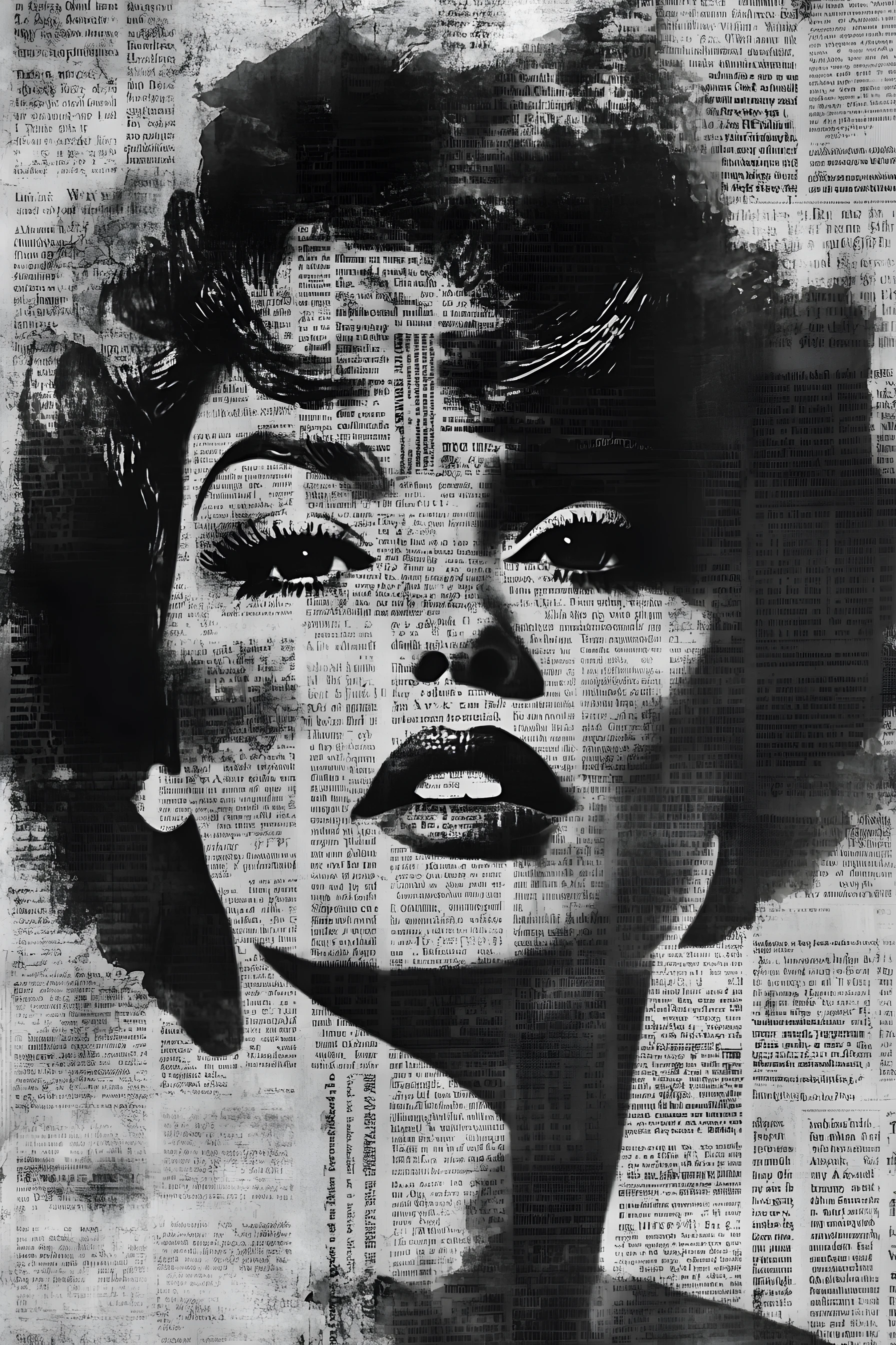 Ritratto di ragazza in collage di giornali bianco e nero mixed media