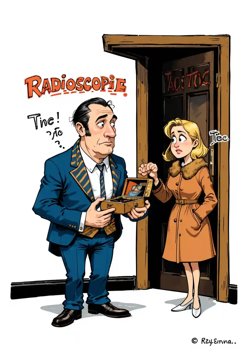 Vintage comic couple with awkward jewelry box gift