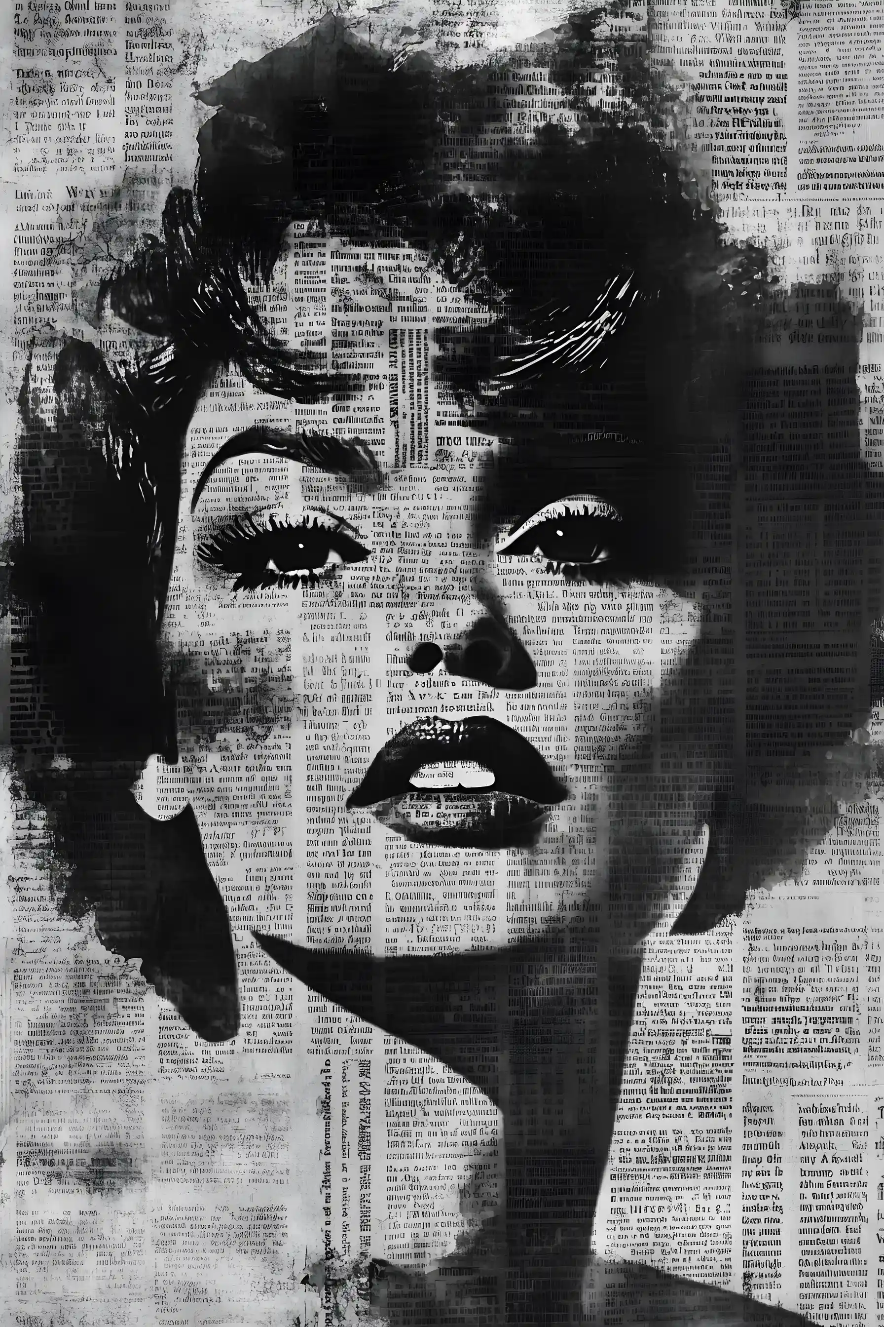 Ritratto di ragazza in collage di giornali bianco e nero mixed media