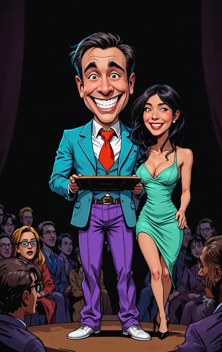 Caricatured speaker on stage with bold comic styling