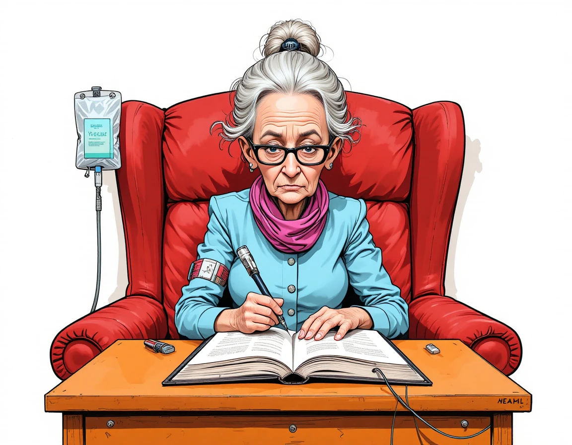 Elderly woman writing in armchair with medical IV lines