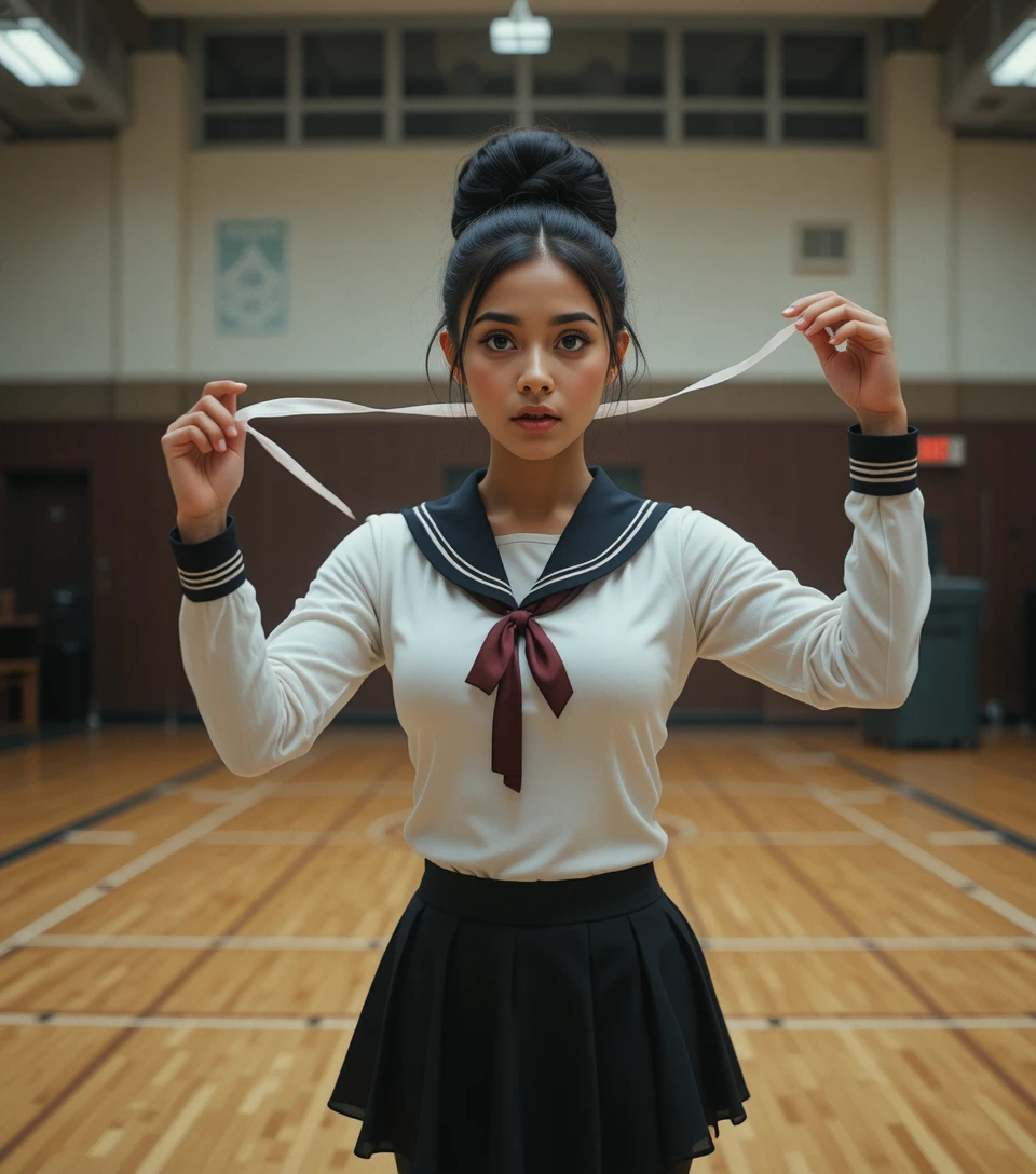 Shy young woman in school gym holding a thin ribbon