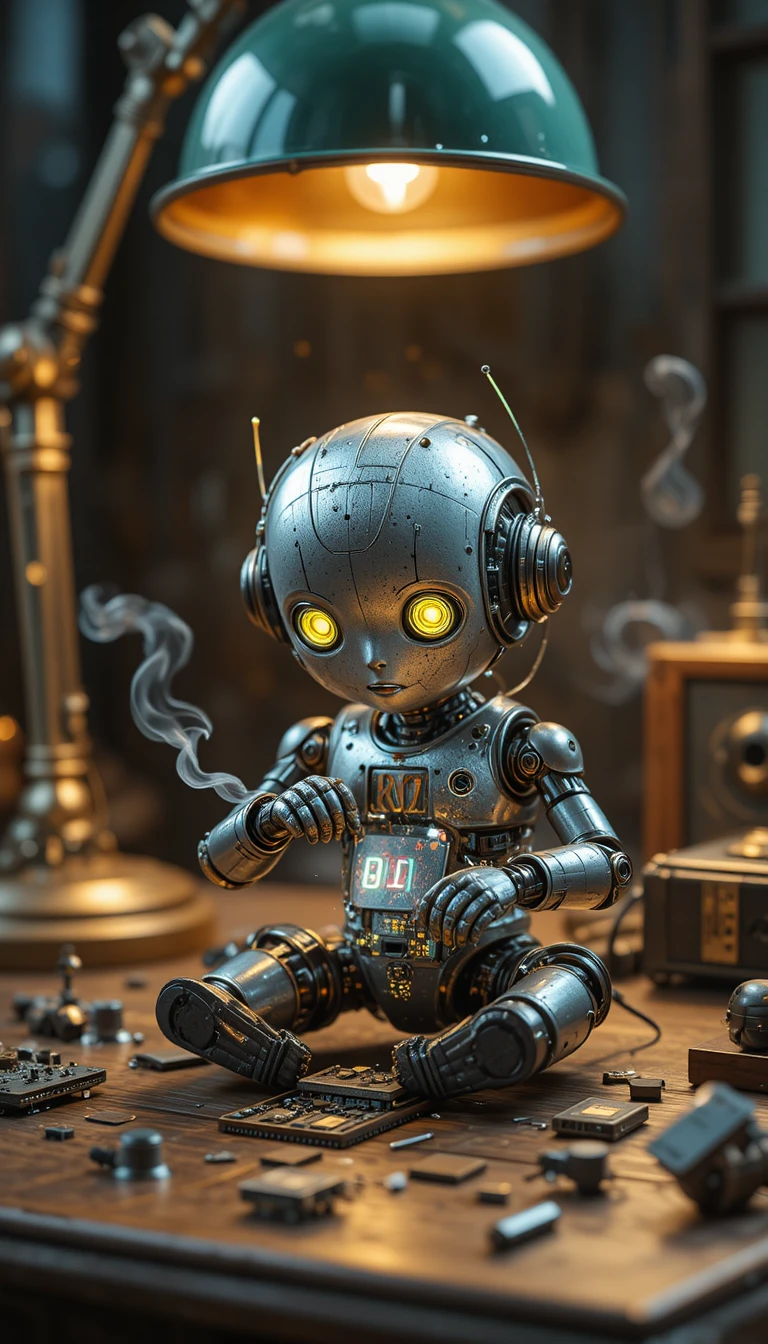 Pequeno robô reparando um chip sob um abajur verde