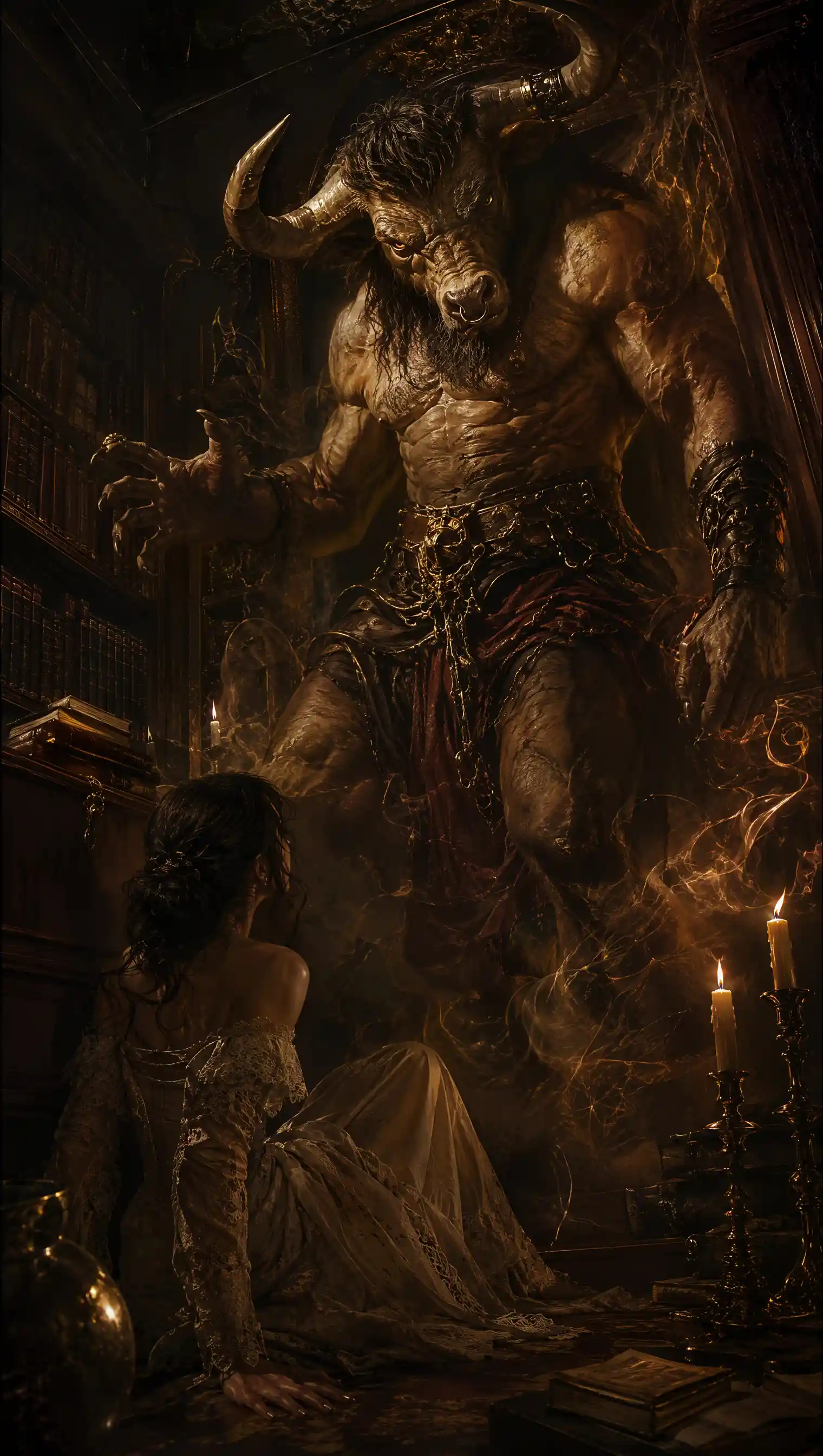 Baroque fantasy minotaur in a shadowy gothic library