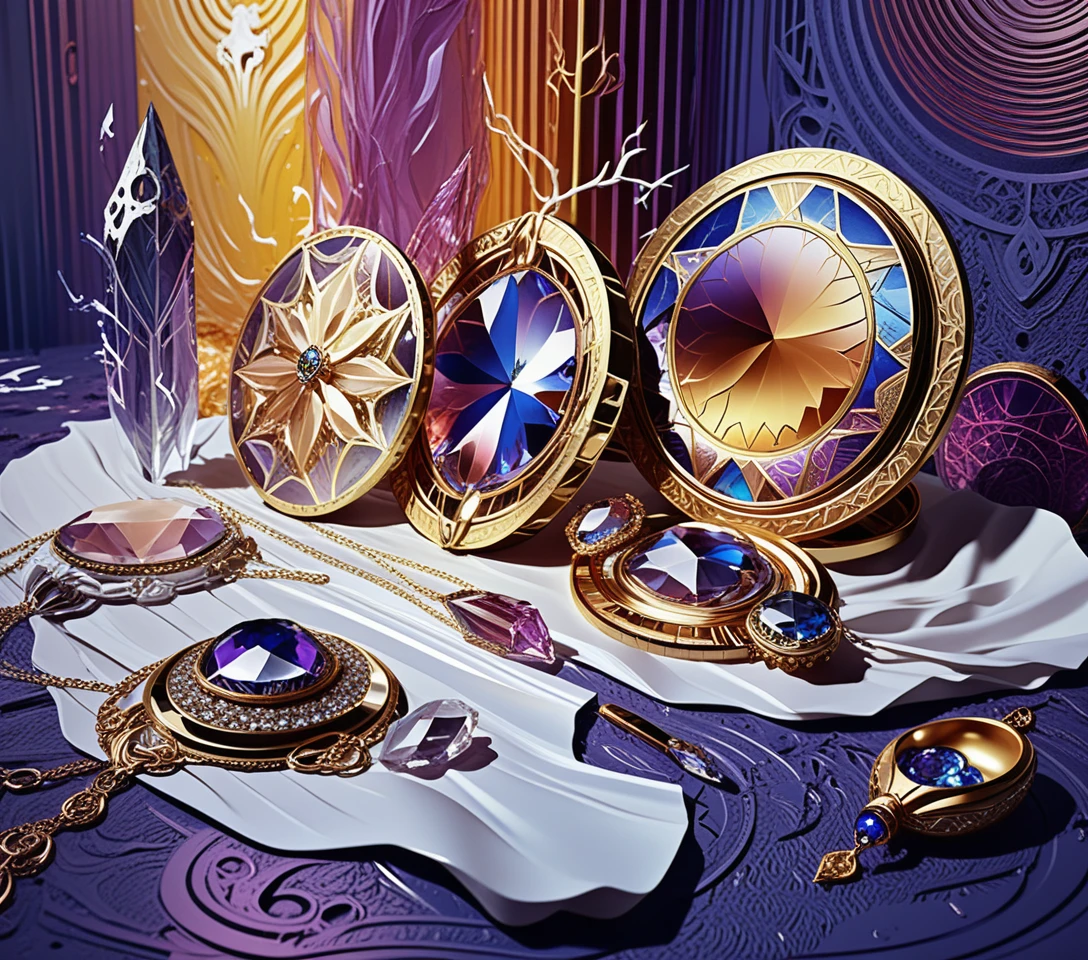 Opulent crystal jewelry display in a dark mystical gallery